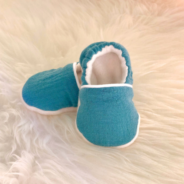 Bleu canard - Chaussons bébé doublés en polaire de coton biologique